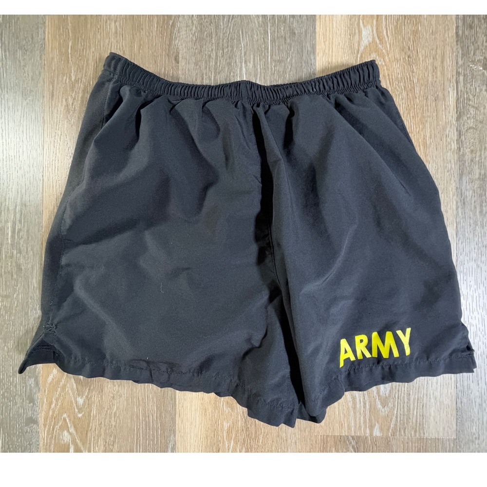 US Army APFU PT Training Shorts Mens small Black Yellow Graphic Athletic Trunks